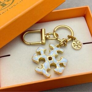 Tory Burch Gold and Cream Logo Keychain